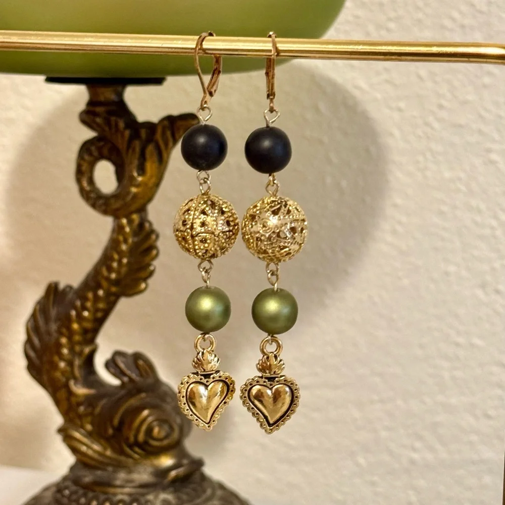 Olive Green, Black, and Sparkling Gold Filigree Spheres Drop Dangle Earrings